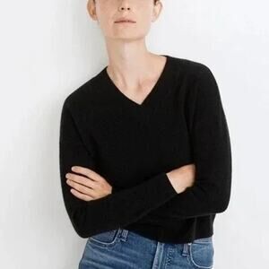 Madewell Sweater Ribbed Cashmere Long Sleeve V-Neck Heather Asphalt Black NWT XS